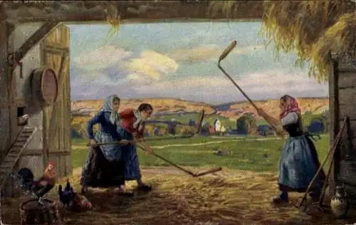 Künstler Ak Frau beim Dreschen, Landwirtschaft