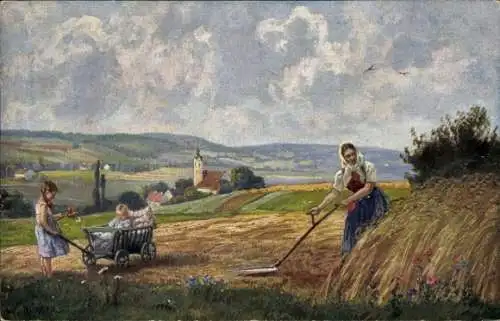 Künstler Ak Frau beim Mähen, Landwirtschaft