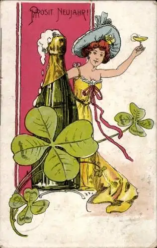 Ak Prosit Neujahr, Sekt, Kleeblätter