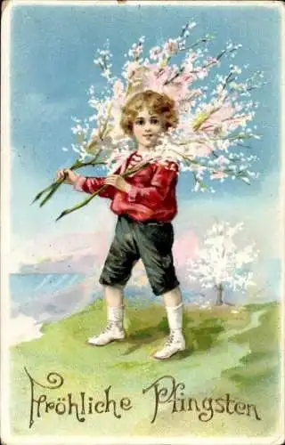Litho Fröhliche Pfingsten, Kind mit Blütenzweigen