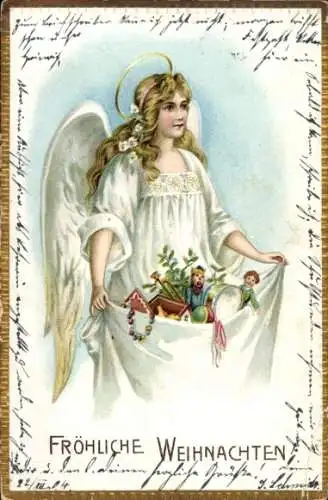 Ak Frohe Weihnachten, Engel mit Geschenken