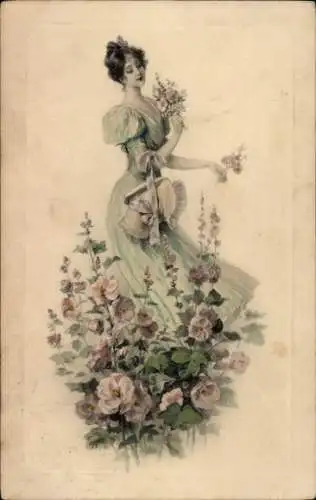 Litho Eine junge Frau im langen Kleid, Blumen