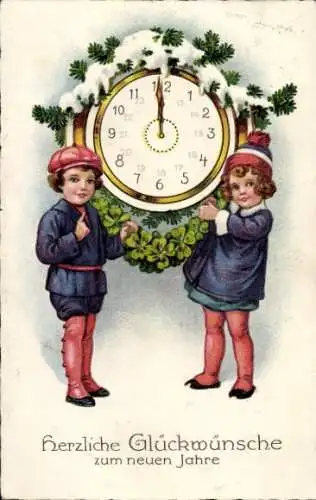 Ak Frohes Neujahr, Kinder mit Uhr