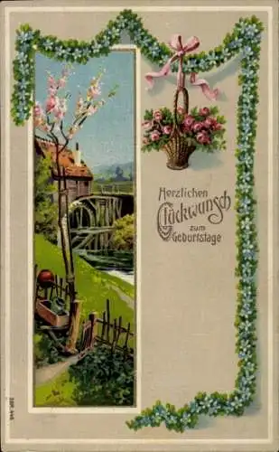 Ak Jelenia Góra Hirschberg Riesengebirge Schlesien, Geburtstagskarte mit Haus, Baum und Blumen.