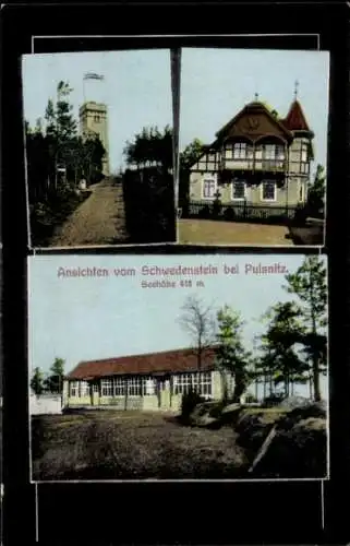 Ak Schwedenstein bei Pulsnitz, Ansichten vom Schwedenstein, Seehöhe 418 m, drei Gebäude