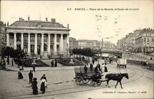 Ak Nantes Loire Atlantique, Historisches Gebäude, Platz Bourse, Fluss Loire, Kutschen, Frauen in 