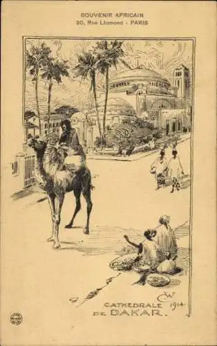 Ak Dakar Senegal, Kathedrale, Kamelreiter, Lokale Bewohner, Stadtlandschaft