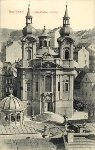 Ak Karlovy Vary Karlsbad Stadt, Partie an der katholischen Kirche