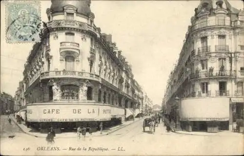 Ak Orléans Loiret,  Café de la Rotonde, Rue de la République,  Architektur.