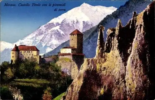 Ak Meran Merano Südtirol, Castello Tirolo, Pyramiden aus Erde, Alpenlandschaft