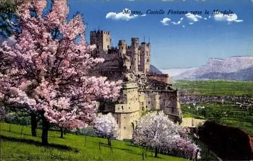 Ak Meran Merano Südtirol, Schloss, Kirschblüten, Berge, blauer Himmel, Wolken