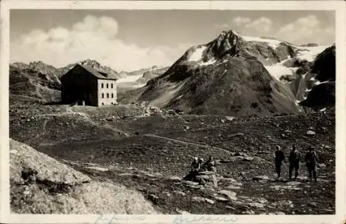 Ak Cima Presanella Südtirol, Berglandschaft, Rifugio Hintergrad, hohe Berge, Wanderer, s Gebäude