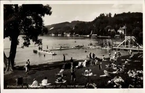 Ak Pörtschach am Wörther See Kärnten, Strandbad des Hotel Werzer, Schwimmer, Sonnenbadende, Natur