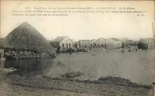 Ak Alfortville Val de Marne, Hochwasser der Seine, Strohballen, zerstörte Häuser