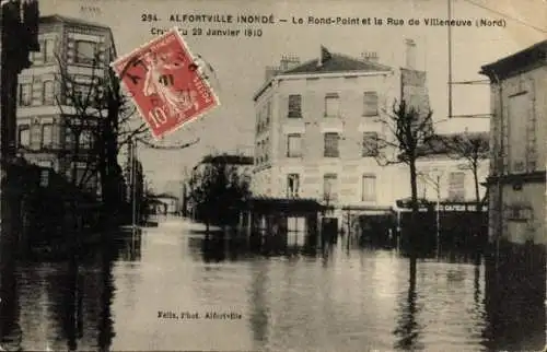 Ak Alfortville Val de Marne, Überschwemmung, Rond-Point, Rue de Villeneuve, Januar 1910