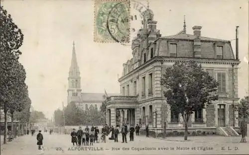 Ak Alfortville Val de Marne, Rue des Coquelicots avec la Mairie et l'Eglise