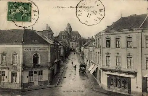 CPA Évron-Mayenne, Rue de la Fontaine, Café de l'Europe