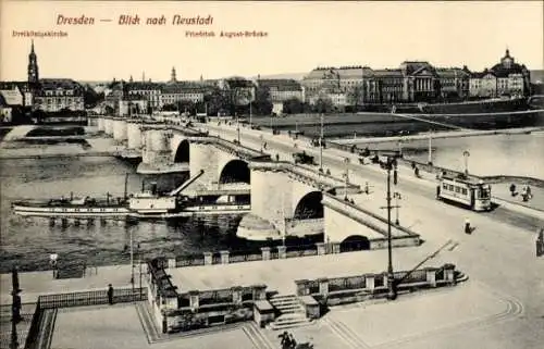 Ak Dresden Neustadt, Dreikönigskirche, Friedrich August Brücke, Elbdampfer mit Kippschlot