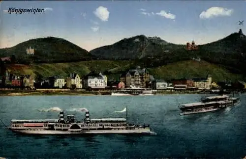 Ak Königswinter am Rhein, Fähre auf dem Wasser, hügelige Landschaft, Stadtansicht,  