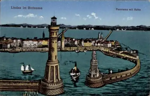Ak Lindau am Bodensee Schwaben, Panorama mit Hafen, Leuchtturm, Wasser, städtische Gebäude