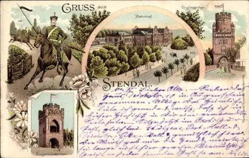Litho Stendal Altmark, Husar, Bahnhof, Tangermünder Tor, Uenglinger Tor