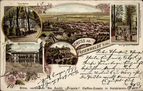 Litho Bad Freienwalde an der Oder, Gesamtansicht, Kurhaus, Gesundbrunnen, Ruinenberg