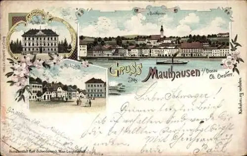 Litho Mauthausen in Oberösterreich, Panorama, Marktplatz