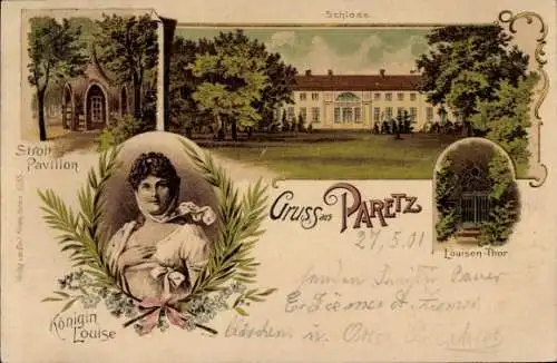 Mondschein Litho Paretz Ketzin an der Havel, Siroh Pavillon, Porträt Königin Louise, Tor, Schloss