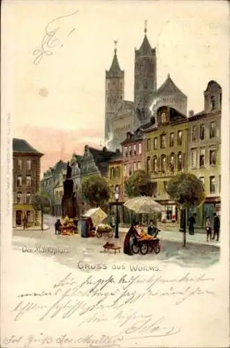 Ak Worms am Rhein, Marktplatz,  Architektur, Menschen, Marktstände, Plakat