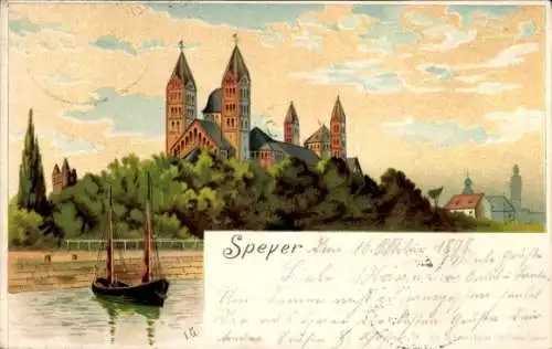 Ak Speyer am Rhein,  gotische Architektur, Wasserweg, Schiffe, Bäume