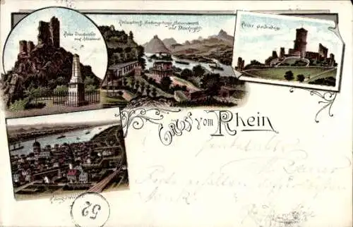 Litho Königswinter am Rhein, Panorama, Ruine Godesburg, Rolandseck