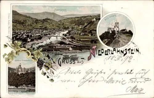 Litho Niederlahnstein Lahnstein Rhein Lahn Kreis, Gesamtansicht, Burg Lahneck, Schloss Stolzenfels