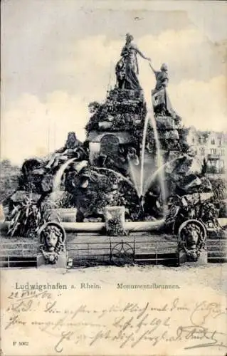 Ak Ludwigshafen am Rhein, Monumentalbrunnen, Wasserspiele, Löwenkopf