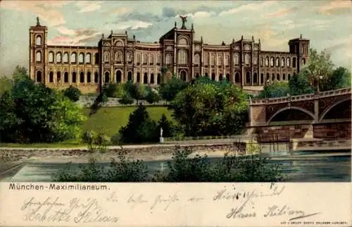 Litho München, Ansicht vom Maximilianeum, Flussseite, Brücke