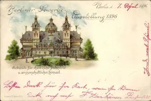 Litho Berlin Treptow, Gewerbeausstellung 1896, Alpenpanorama, Gebäude für Chemische Industrie