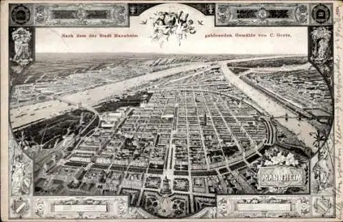 Ak Mannheim in Baden, Vogelperspektive gezeichnet von C. Grote