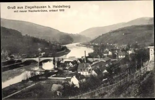 Ak Ziegelhausen Heidelberg am Neckar, Gesamtansicht, neue Neckarbrücke 1913
