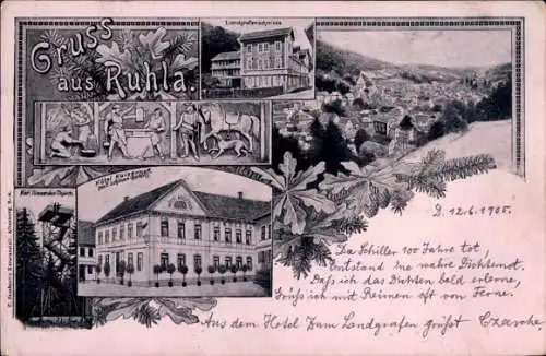 Ak Ruhla in Thüringen, Vorderseite mit Hotel, Gruß aus   Szenen, Dichtemot, alte Grafiken