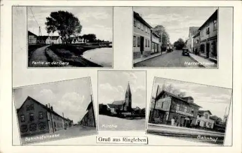 Ak Ringleben in Thüringen, Partie an der Gera, Bahnhofstraße, Kirche, Herrenstraße, Bahnhof