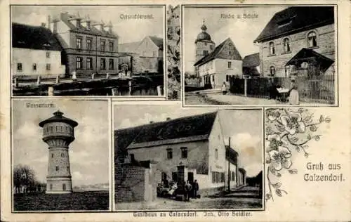 Ak Calzendorf Kalzendorf Steigra Saalekreis, Wasserturm, Ortsrichteramt, Kirche, Schule, Gasthaus