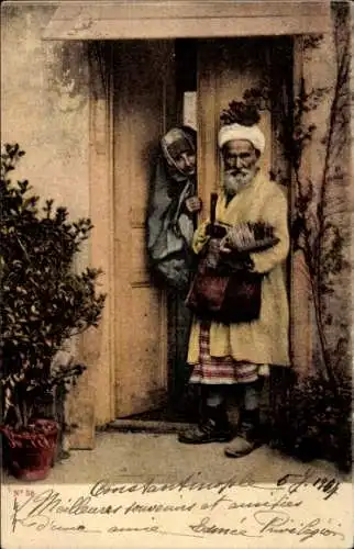 Ak Konstantinopel Istanbul Türkei, Türmann, Frau, Pflanzen, Postkartentext, historische Darste...