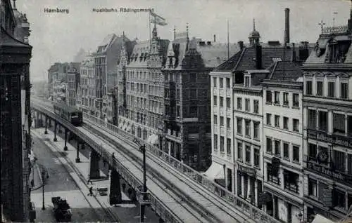 Ak Hamburg Mitte Altstadt, Hochbahn Rödingsmarkt, historische Gebäude, Straßenansicht