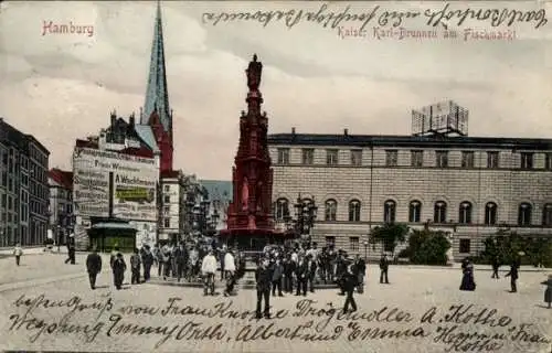 Ak Hamburg Mitte St. Pauli, Helgoländer Allee, Kaiser Karl-Brunnen, Fischmarkt, Menschenmenge,...