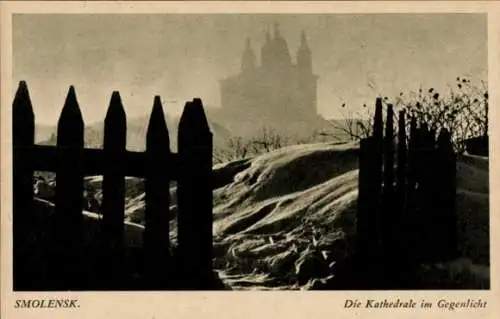 Ak Smolensk Russland, Blick auf die Kathedrale im Gegenlicht, Winteraufnahme