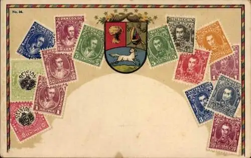 Ak Venezuela, Postkarte mit Marken, Wappen, venezolanischer Briefmarken, Ornamentik