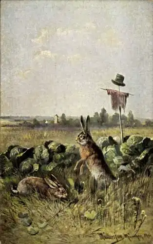 Künstler Litho Müller, Hasen essen Kohl, Gemüse, Vogelscheuche