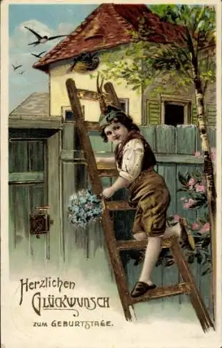 Präge Ak Glückwunsch Geburtstag, Blumen, Junge klettert auf eine Leiter