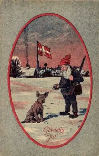 Passepartout Ak Frohe Weihnachten, Zwerg mit Gewehr, Hund