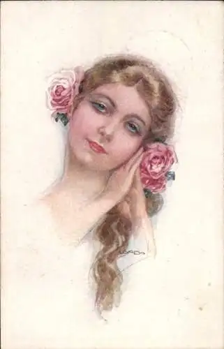Künstler Ak Usabal, Luis, Frauenbildnis, junge Frau, Portrait, Rosen im Haar