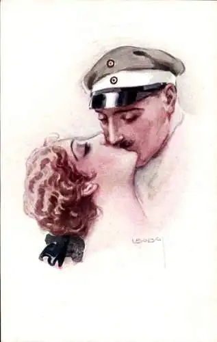 Künstler Ak Usabal, Küssendes Liebespaar, Soldat und Frau, Soldatenliebe